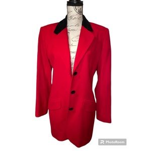 Women’s red and black blazer jacket, long sleeve, collared, elegant style wool